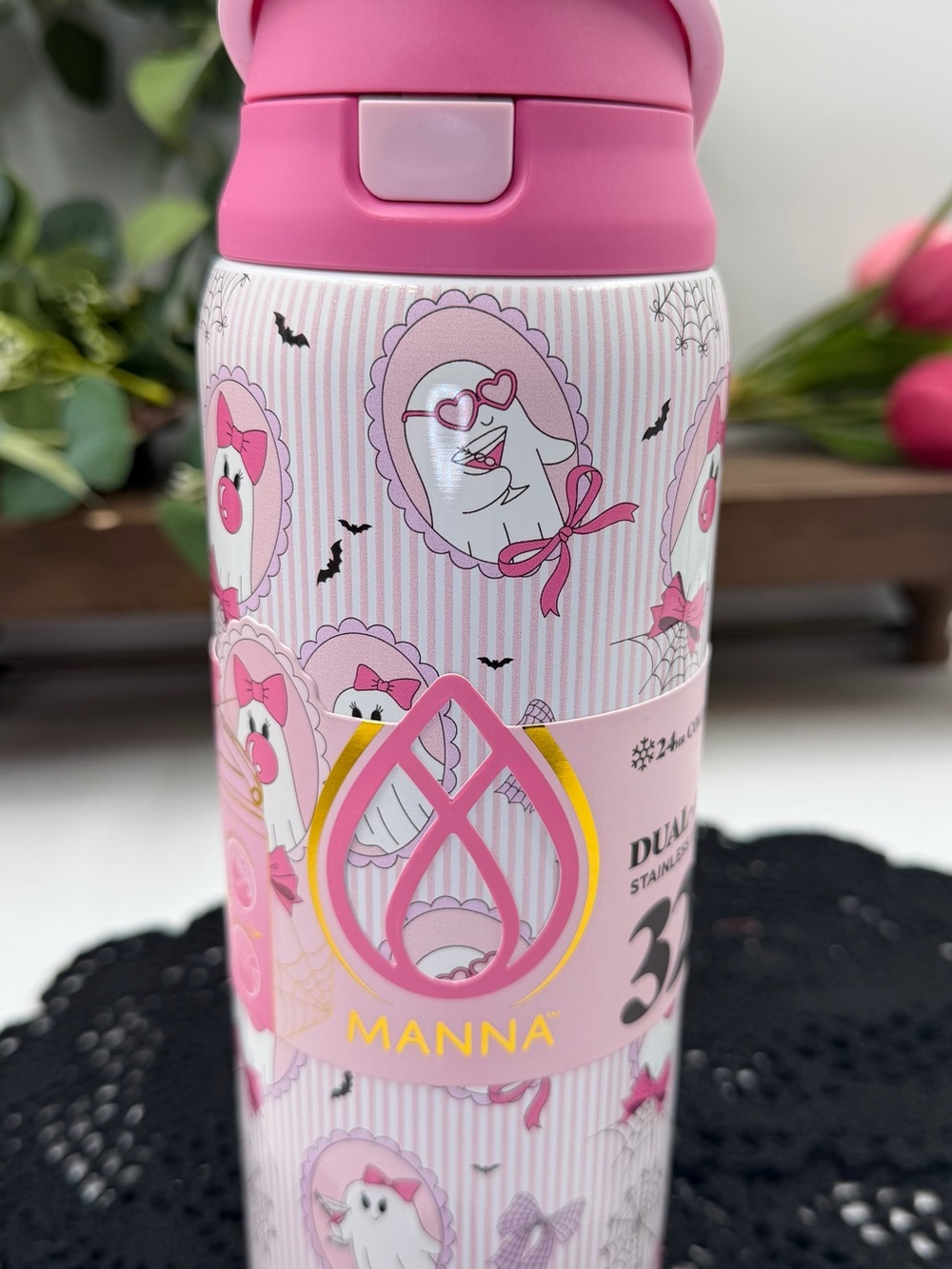 manna pink ghost halloween 32 oz hydra stainless steel water bottle nwt